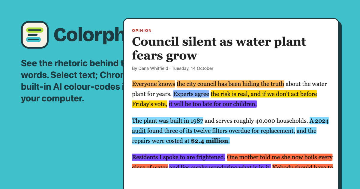 An article with its manipulation techniques highlighted in colours by Colorphrase.